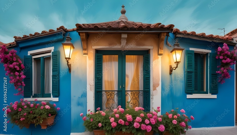 Ornate lantern with blooming flowers on blue wall of charming house in golden sunset light Ornate lantern with blooming flowers on blue wall of charming house in golden sunset light