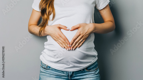 First Weeks Pregnancy Concept: Woman's hands forming a heart shape on her tummy, representing the first weeks of pregnancy, in a white t-shirt and jeans, isolated against a grey background. photo