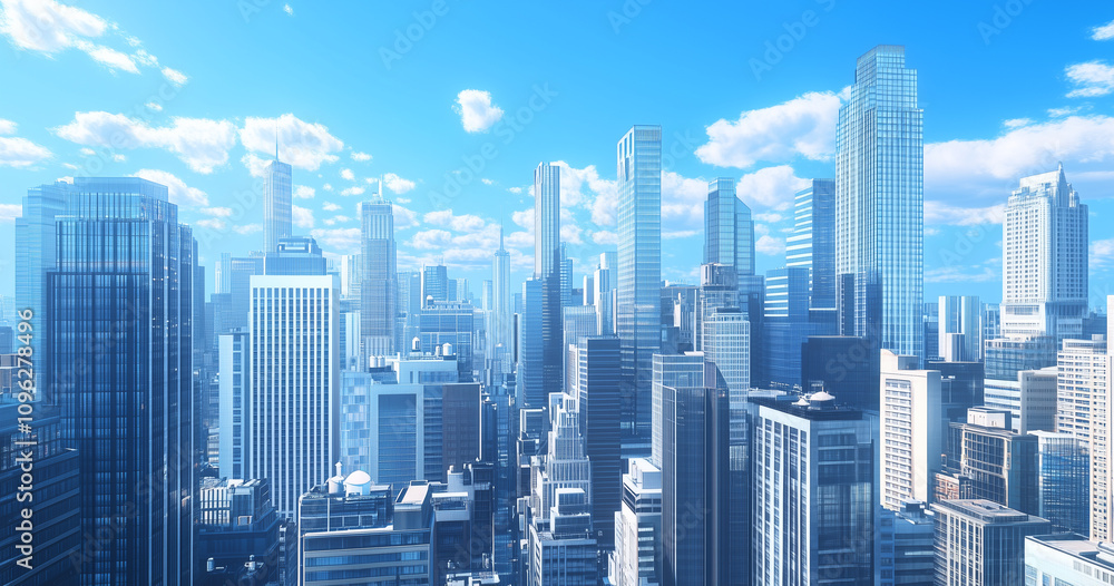Modern Skyline with High-Rise Office Buildings under Blue Sky Modern Skyline with High-Rise Office Buildings under Blue Sky