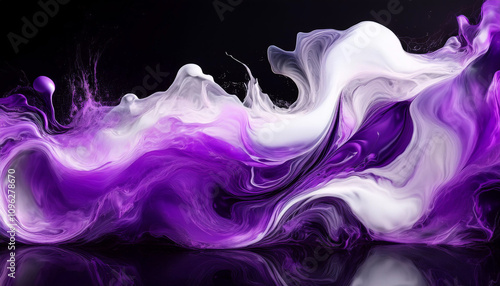 Abstract swirl of vibrant purple, white, and black paint splashes creating a dynamic, energetic vortex design. Perfect for artistic, modern, or expressive design concepts