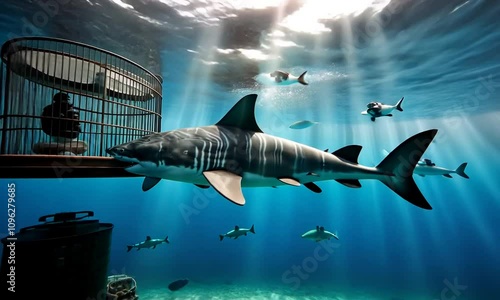 Swimming with sharks with shark cage. photo