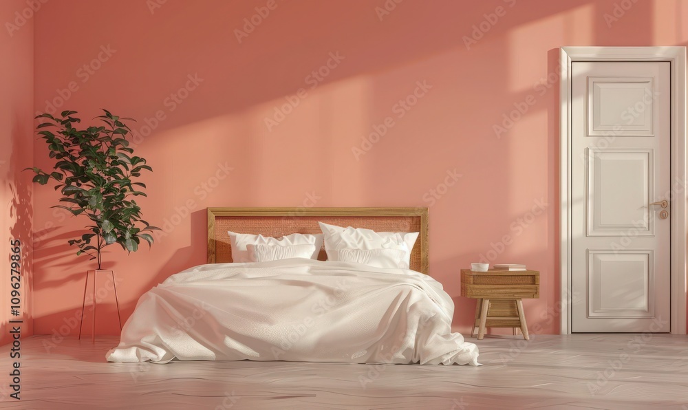 Minimalist bedroom with a pink wall. wooden furniture. a white bed. and a straw wall hanging Minimalist bedroom with a pink wall. wooden furniture. a white bed. and a straw wall hanging
