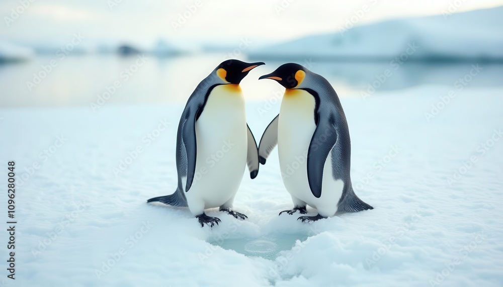 Fototapeta premium A Heartwarming Encounter: Two Majestic Emperor Penguins Embrace on a Pristine Antarctic Ice Shelf, a Symbol of Love and Wildlife Conservation in the Frozen Wilderness