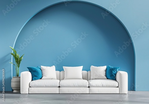 Modern minimalist living room interior design with a white sofa against a blue wall with arched niches