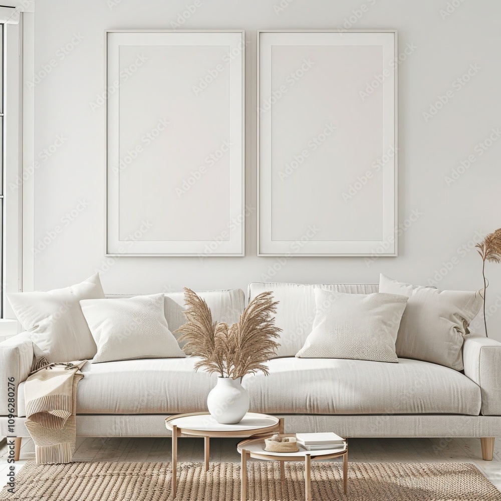 A minimalist living room interior with a white sofa. two framed prints. a wooden coffee table. and a woven ottoman A minimalist living room interior with a white sofa. two framed prints. a wooden coffee table. and a woven ottoman