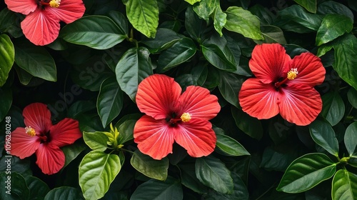 Wallpaper Mural Vibrant red hibiscus flowers amidst lush green leaves create a striking tropical backdrop, evoking a vivid summer ambiance with rich foliage. Torontodigital.ca