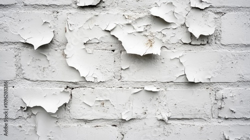 Peeling White Paint on Textured Brick Wall Highlighting Weathered Details and Layering Effects