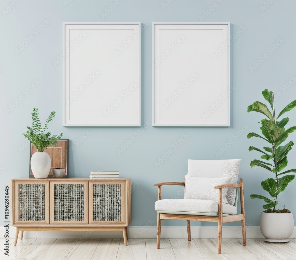 Minimalist living room interior with two blank frames, a wooden cabinet, a chair, and a plant on a light blue wall Minimalist living room interior with two blank frames, a wooden cabinet, a chair, and a plant on a light blue wall