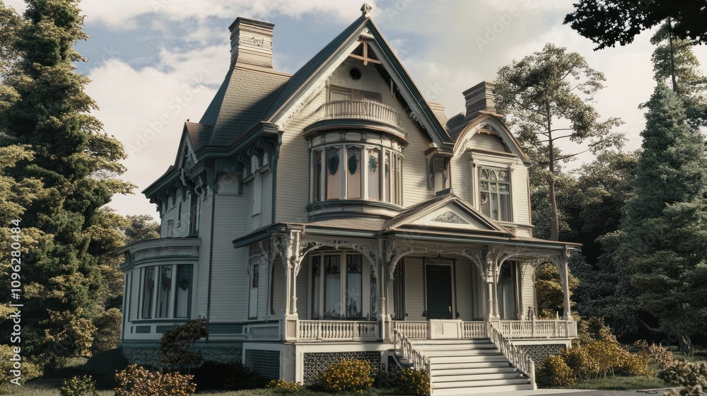 A classic Victorian-style house model digitally rendered on a tablet, detailed textures A classic Victorian-style house model digitally rendered on a tablet, detailed textures