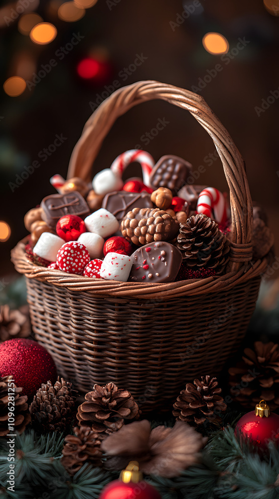 A festive basket filled with candy canes, Christmas cookies, and holiday treats, embodying the warmth and joy of the Christmas season, perfect for holiday celebrations, gifting, and seasonal decoratio A festive basket filled with candy canes, Christmas cookies, and holiday treats, embodying the warmth and joy of the Christmas season, perfect for holiday celebrations, gifting, and seasonal decoratio