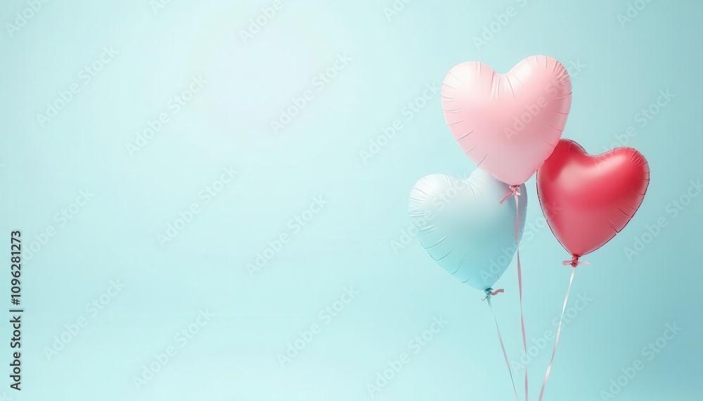 Three Pastel Heart-Shaped Balloons Floating Against a Light Blue Background: A Romantic and Festive Image Perfect for Valentine's Day, Anniversaries, or Romantic Occasions. Three Pastel Heart-Shaped Balloons Floating Against a Light Blue Background: A Romantic and Festive Image Perfect for Valentine's Day, Anniversaries, or Romantic Occasions.