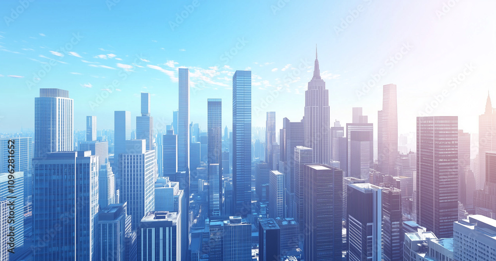 Modern Skyline with High-Rise Office Buildings under Blue Sky Modern Skyline with High-Rise Office Buildings under Blue Sky