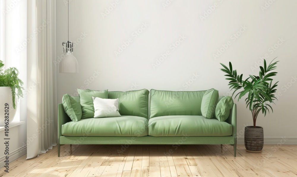 Minimalist living room interior with a light green sofa, a potted plant and a white wall Minimalist living room interior with a light green sofa, a potted plant and a white wall