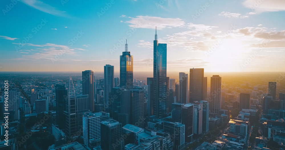 Obraz premium Modern Skyline with High-Rise Office Buildings under Blue Sky