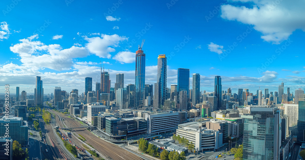 Fototapeta premium Modern Skyline with High-Rise Office Buildings under Blue Sky