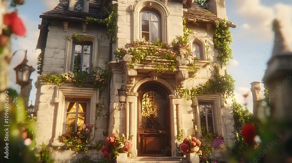 Charming stone house, ivy covered, flowers, sunlit. Charming stone house, ivy covered, flowers, sunlit.