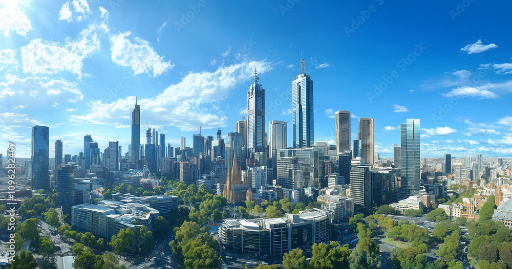 Fototapeta premium Modern Skyline with High-Rise Office Buildings under Blue Sky