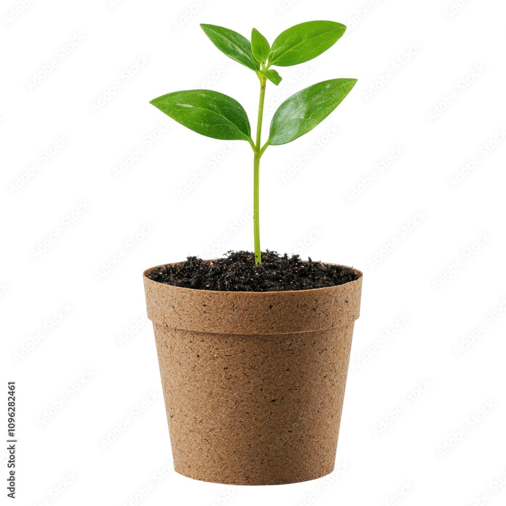 A small green plant with two leaves grows from a brown pot filled with soil, symbolizing growth and nature. A small green plant with two leaves grows from a brown pot filled with soil, symbolizing growth and nature.