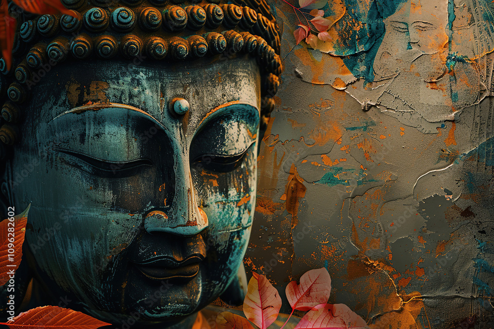 Beautiful greeting card with ancient statue great Buddha to bright holiday composition Beautiful greeting card with ancient statue great Buddha to bright holiday composition
