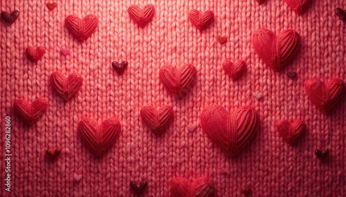 A Knitted Tapestry of Love: A Valentine's Day-Inspired Textile Art with Intricate Red Heart Designs on a Soft Pink Background, Perfect for Romantic Decor and Festive Celebrations