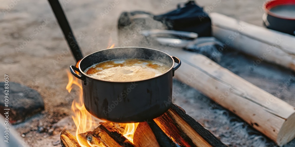 Metal Pot of Soup Cooking Over an Open Flame Outdoors Metal Pot of Soup Cooking Over an Open Flame Outdoors