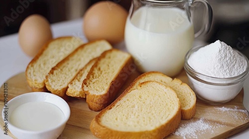 Ingredients for French Toast Featuring Slices of Bread, Fresh Eggs, Creamy Milk, and Sugar on a Wooden Cutting Board