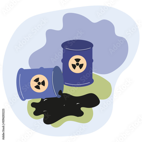 Environmental hazard with spilled barrels marked for hazardous waste contamination