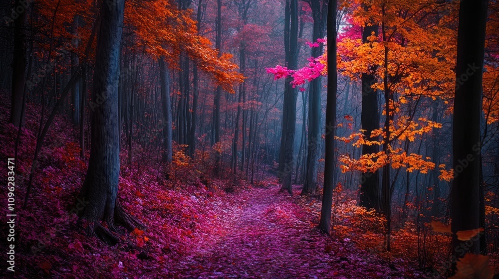 Fototapeta premium Vibrant autumn forest path lined with colorful foliage showcasing deep reds, oranges, and purples under a mystical, foggy atmosphere.