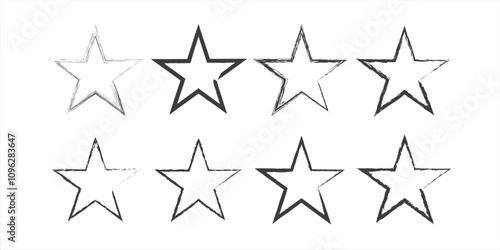 Hand drawn star icons. Rough sketched star symbols. Bold vector shapes. Irregular outlines.