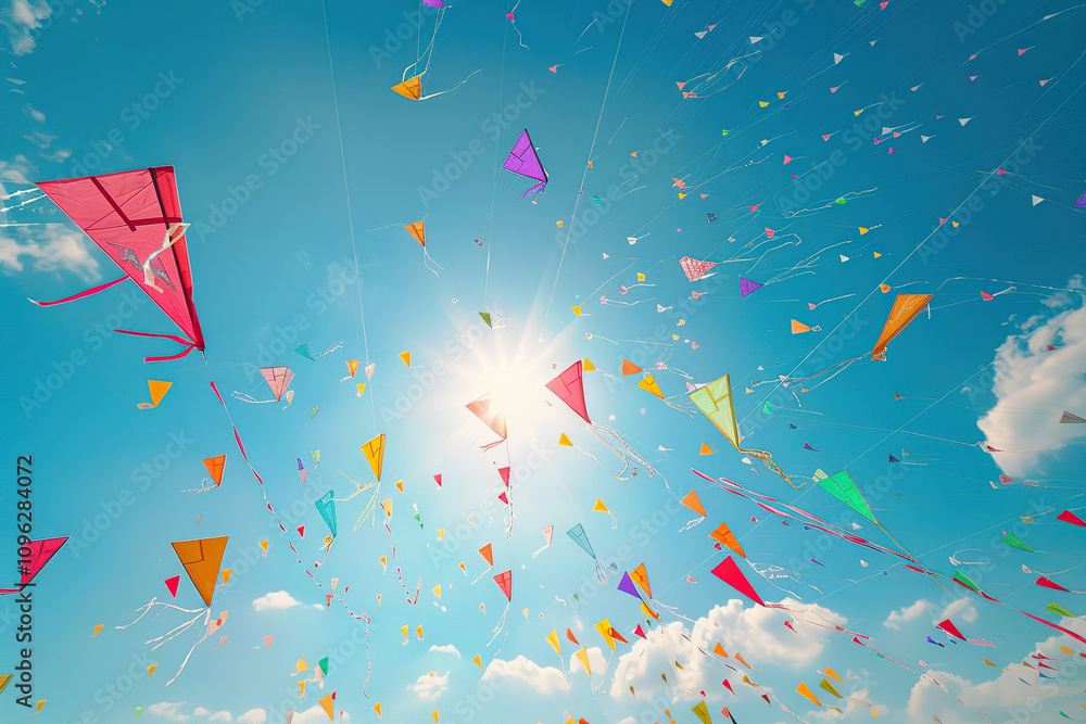 Beautiful greeting card with colorful kites soaring high above vibrant sky to holiday composition Beautiful greeting card with colorful kites soaring high above vibrant sky to holiday composition