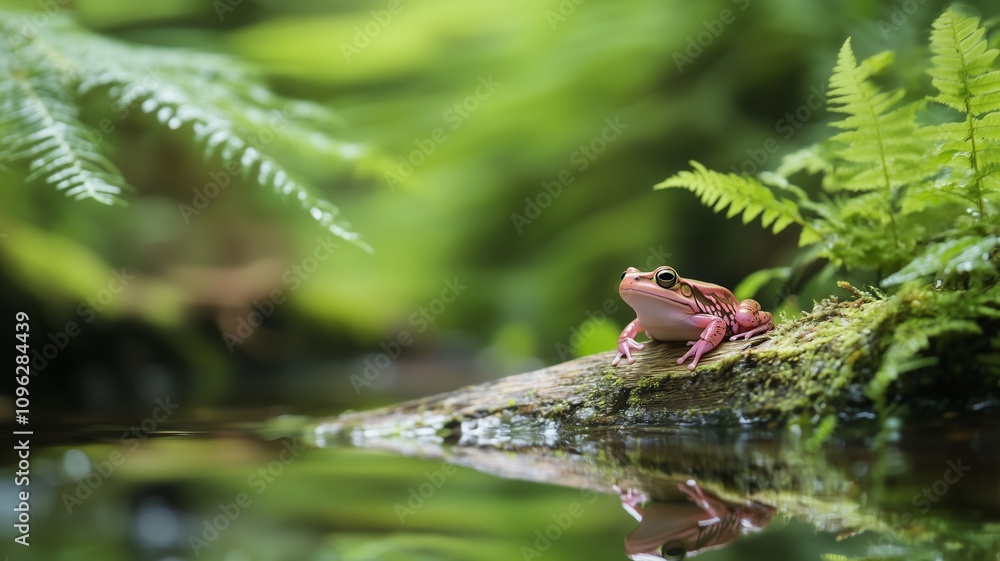 Fototapeta premium Vivid Pink Frog on a Lily Pad Surrounded by Water Lilies.