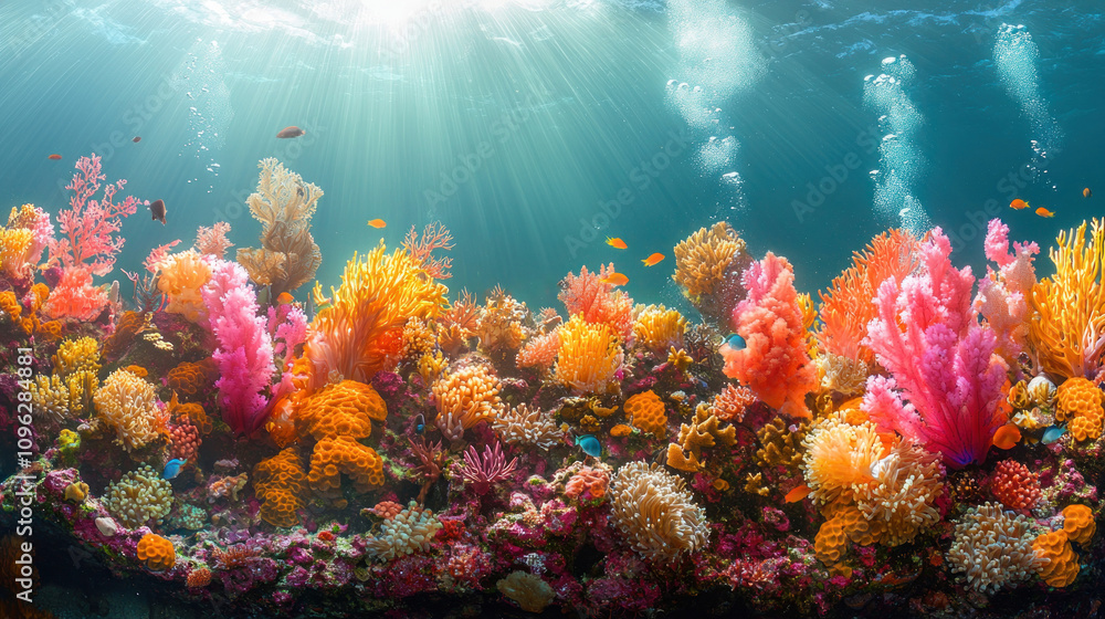 Obraz premium Vibrant Coral Reef Underwater Scene with Teeming Marine Life and Sunlight Filtering Through Crystal Clear Water