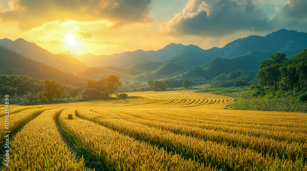 Lush green rice fields at sunset with mountain views in rural landscape Lush green rice fields at sunset with mountain views in rural landscape