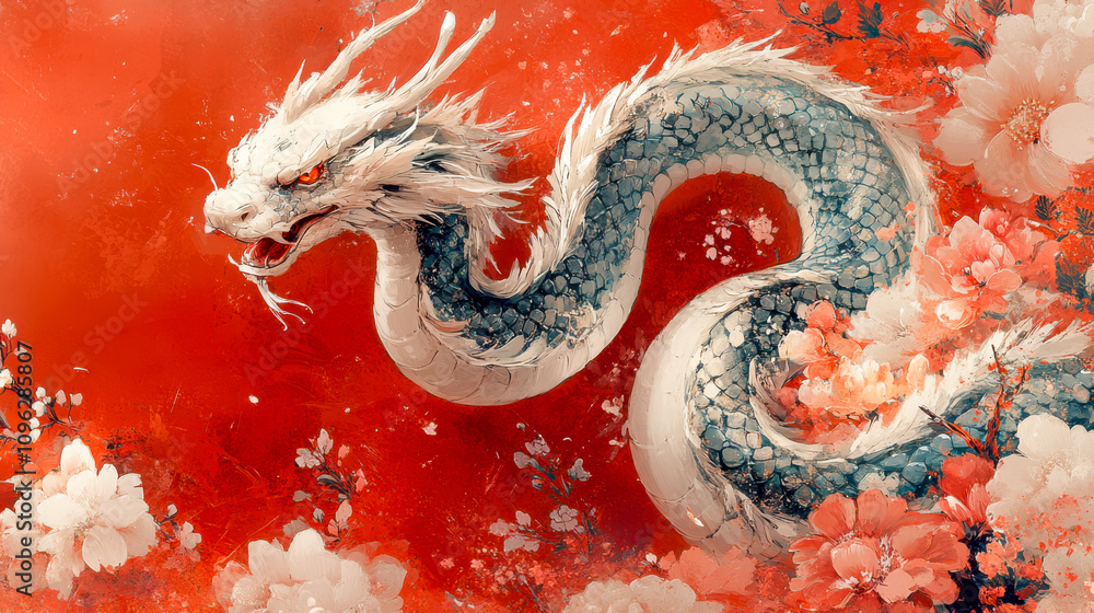Obraz premium Mythical white dragon surrounded by cherry blossoms in vibrant artistic display