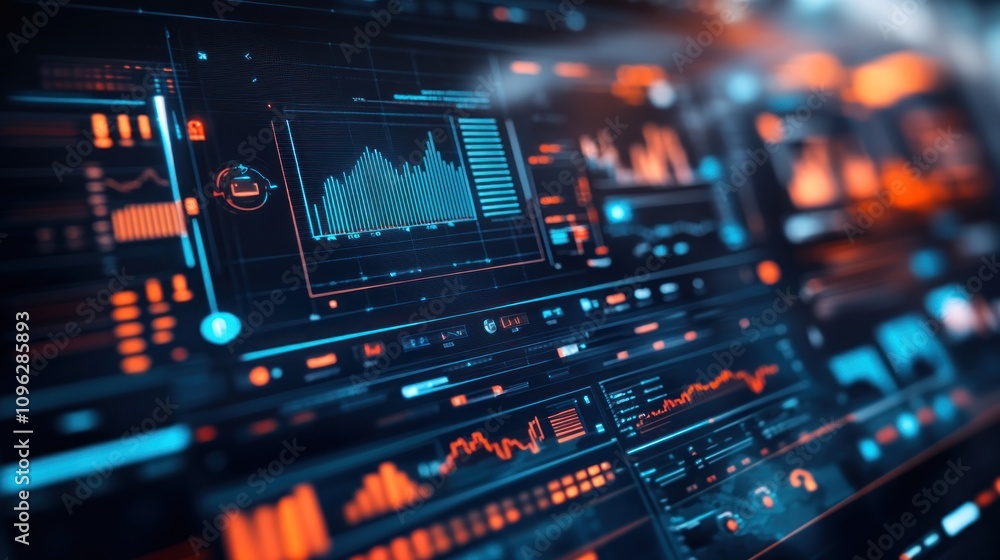 A futuristic data dashboard displaying various analytics and graphs. A futuristic data dashboard displaying various analytics and graphs.