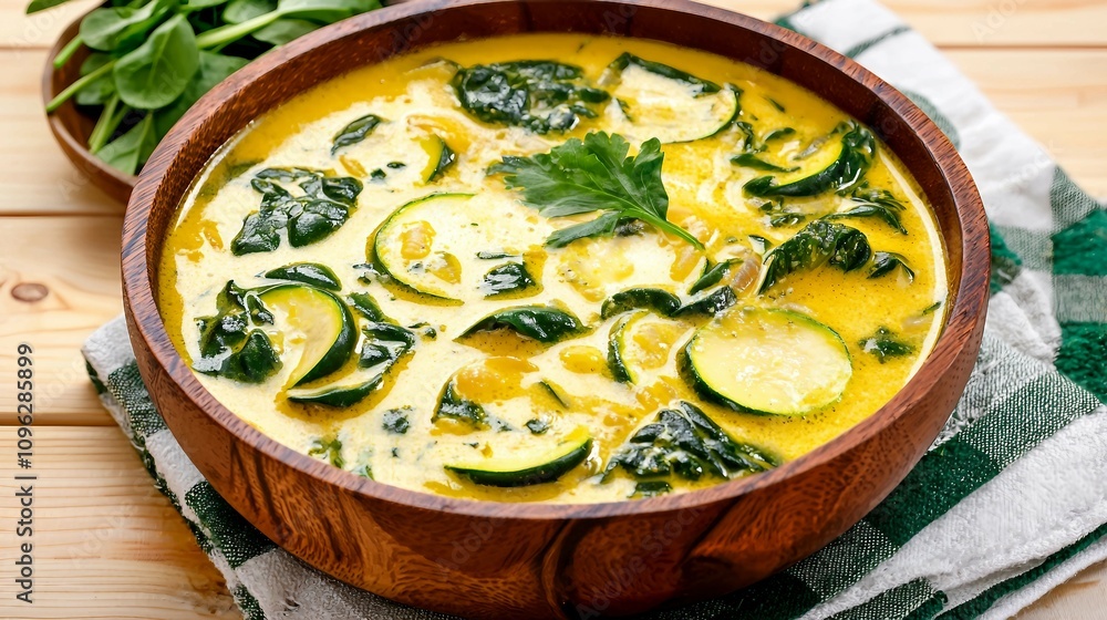 Fresh and Creamy Spinach and Zucchini Soup in a Wooden Bowl, Garnished with Green Parsley on a Rustic Table with Cloth Napkin and Fresh Herbs Fresh and Creamy Spinach and Zucchini Soup in a Wooden Bowl, Garnished with Green Parsley on a Rustic Table with Cloth Napkin and Fresh Herbs