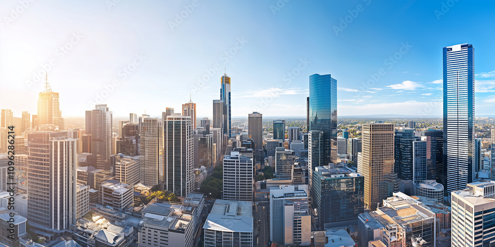 Obraz premium Modern Skyline with High-Rise Office Buildings under Blue Sky