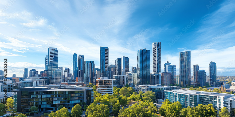 Obraz premium Modern Skyline with High-Rise Office Buildings under Blue Sky