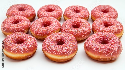 Freshly baked strawberry donuts topped with vibrant pink icing and colorful sprinkles, beautifully arranged on a clean white background.