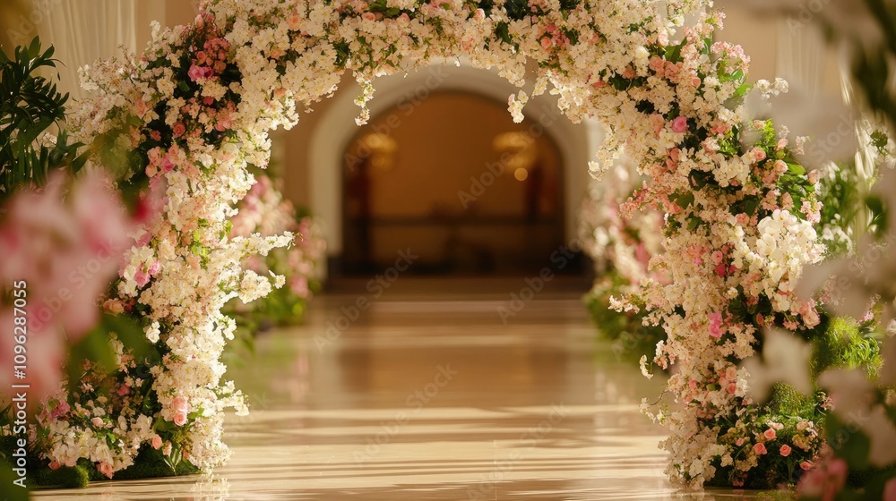 Fototapeta premium Floral Arch Adorned with Vibrant Blossoms Creates a Stunning Entryway in an Elegant Indoor Setting