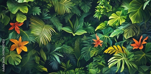  A lush tropical rainforest wall with vibrant green leaves and exotic flowers photo