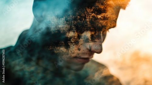 Troubled soldier in profile, surrounded by blurred imagery reflecting mental health struggles, sadness, and the impact of PTSD. Emotional depth conveyed through abstract visuals.