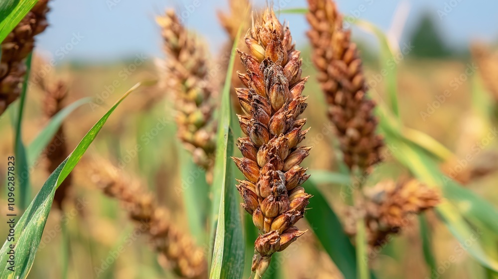 Moldy wheat ears in a summer harvest field showing signs of damage from excessive rainfall in a rural agricultural landscape. Moldy wheat ears in a summer harvest field showing signs of damage from excessive rainfall in a rural agricultural landscape.