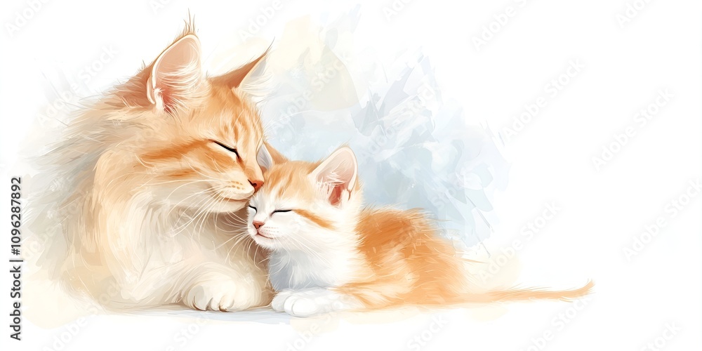 Watercolor illustration of mother cat and kitten Watercolor illustration of mother cat and kitten
