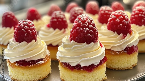 Mini sponge cakes adorned with whipped buttercream, raspberry jam, and topped with fresh raspberries, creating a deliciously sweet treat.