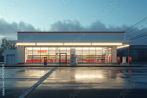 Convenience Store at Dusk with Reflections.