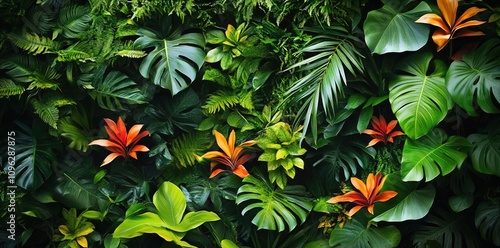  A lush tropical rainforest wall with vibrant green leaves and exotic flowers photo