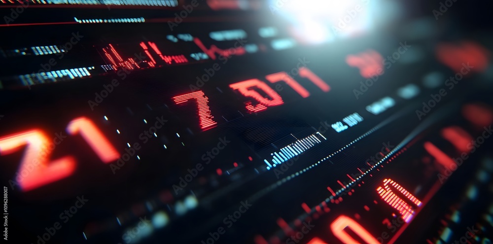 Abstract digital display with red data metrics and graphs. Abstract digital display with red data metrics and graphs.