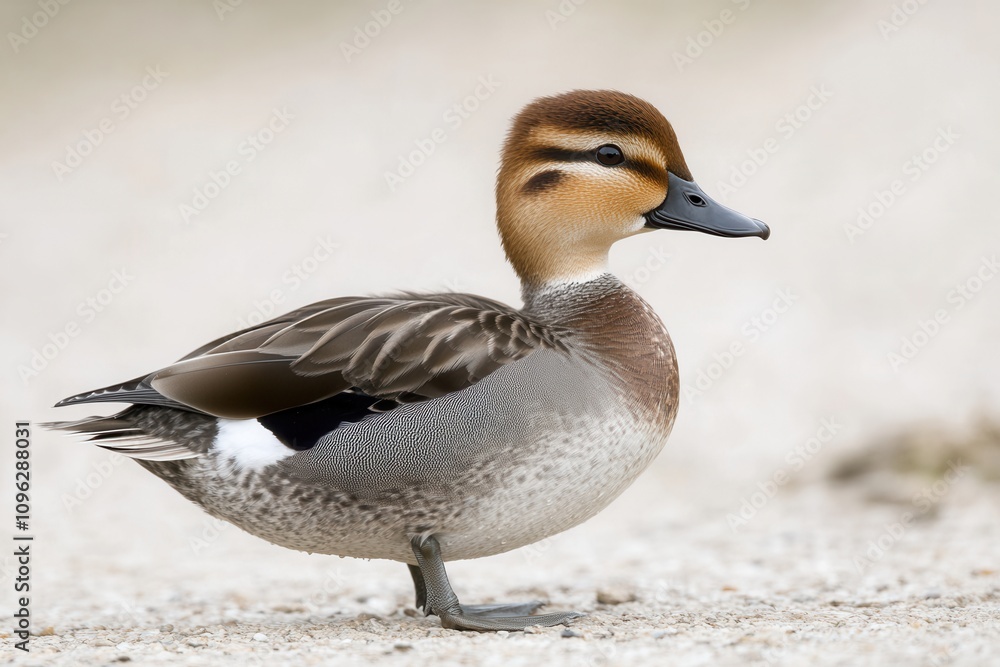 A beautifully detailed duck stands on a sandy surface, showcasing its vibrant plumage and distinctive features. A beautifully detailed duck stands on a sandy surface, showcasing its vibrant plumage and distinctive features.