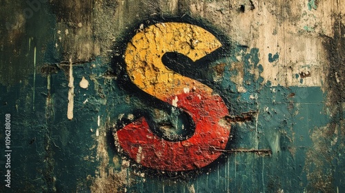 Colorful grunge spray-painted stencil of the letter S on a weathered and textured wall with peeling paint and dirt accents. photo